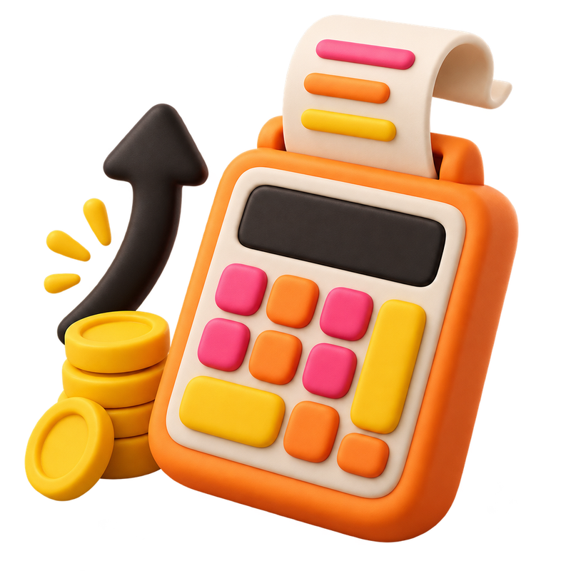 Clay illustration of a calculator with a printed receipt curling out and coins stacked nearby