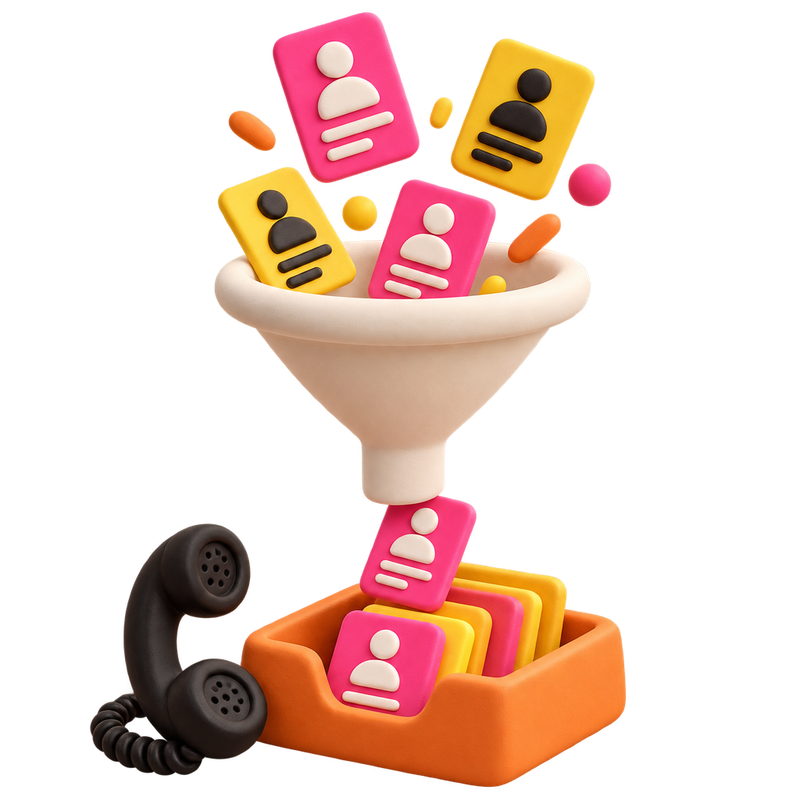 Clay illustration of contact cards dropping through a funnel into a tray beside a phone