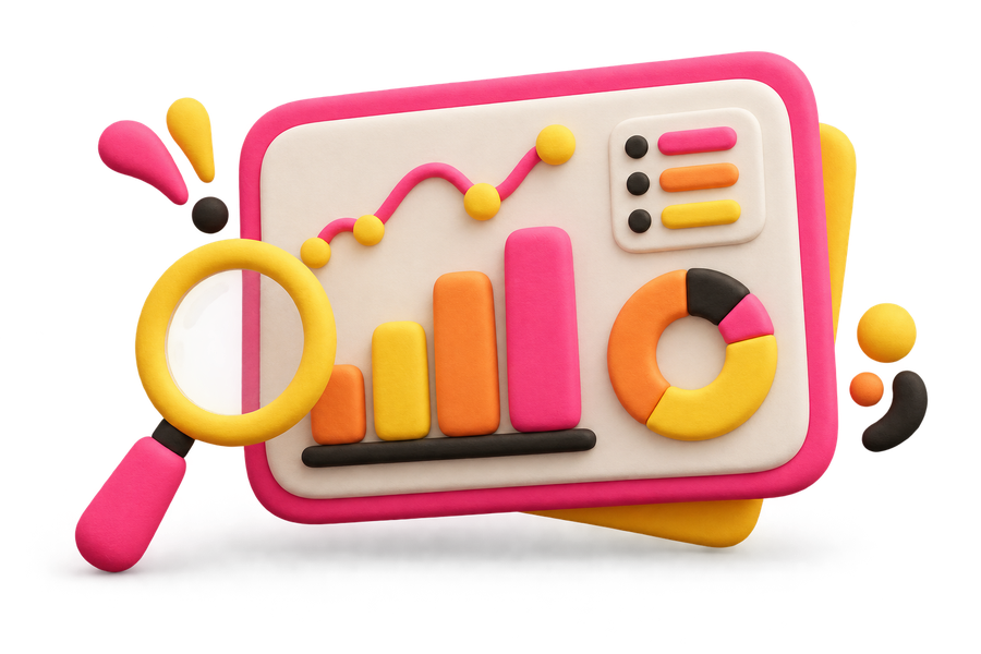 Clay illustration of a reporting dashboard with a rising bar chart and result cards