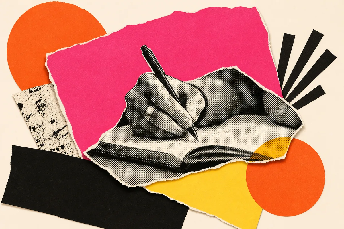 Paper-collage illustration of a hand writing notes in a notebook